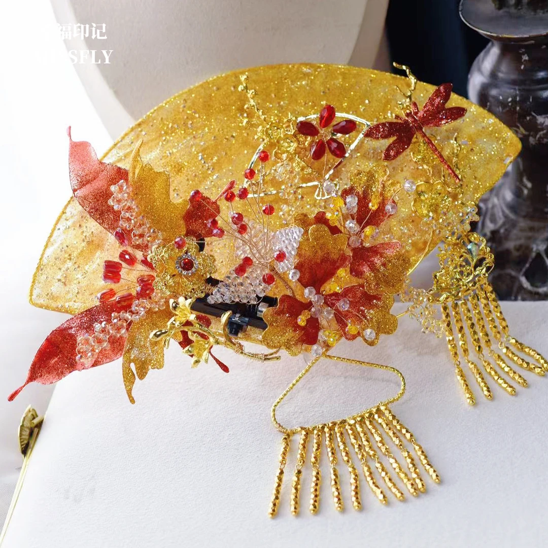 新娘秀禾水凝胶扇子金色晨袍旗袍婚纱百搭造型超仙龙凤褂蝴蝶团扇