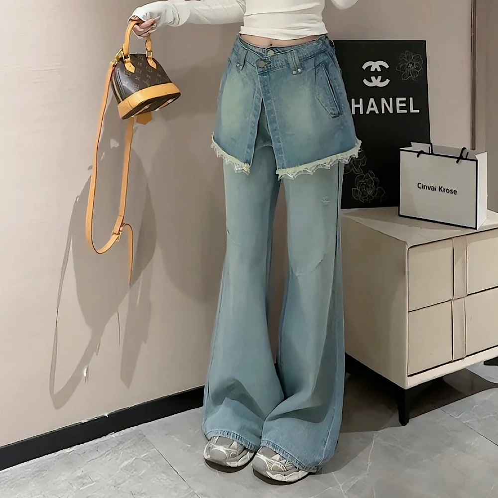 【CCDZ】早春新款韩系百搭显瘦设计感不规则屁帘牛仔喇叭裤女