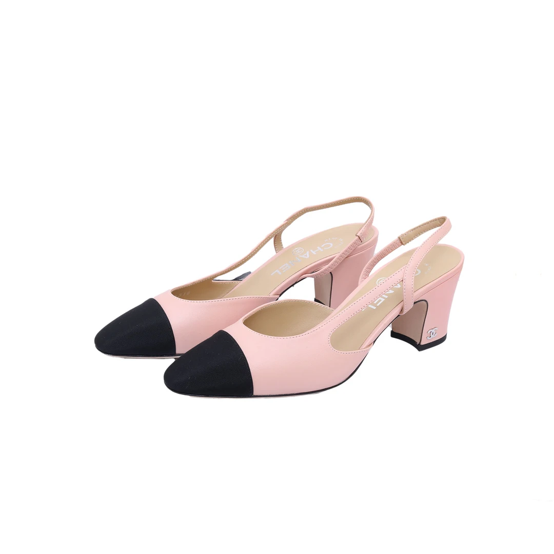 99新 Chanel/香奈儿 Slingback 粗跟鞋 黑鞋头 TP021665