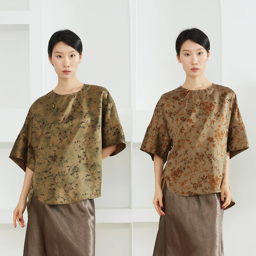 SILVIYE100桑蚕丝40姆米香云纱真丝斜襟半袖宽松上衣秋SY52352