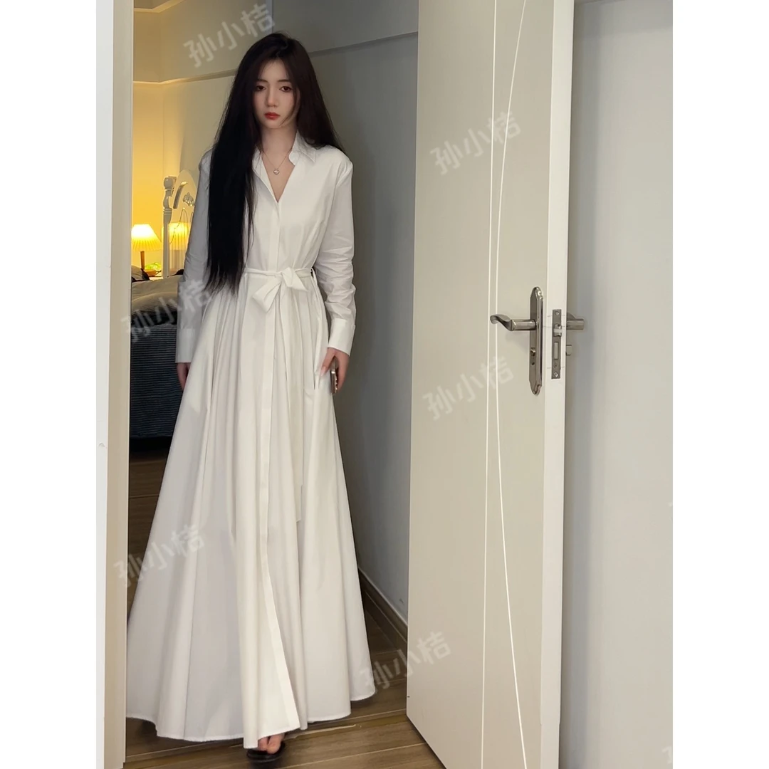 孙小桔 现货【城市意境】法式长袖白色衬衫裙春气质裙子夏25CK6117
