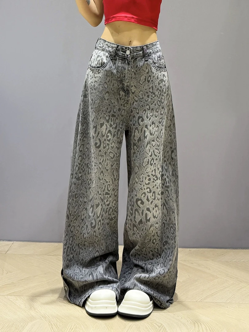 2025新款豹纹A字型大阔腿牛仔裤