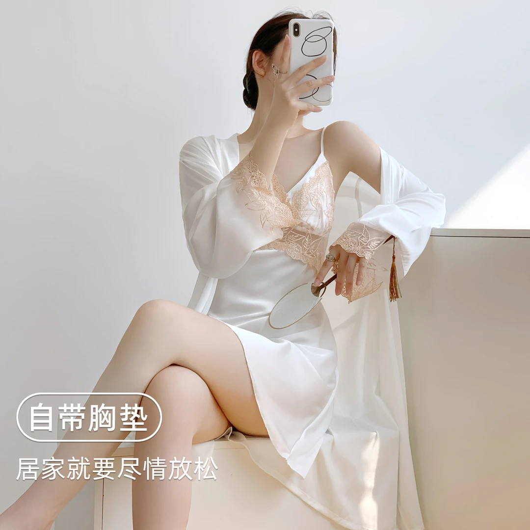 乐姿梦性感冰丝睡衣女款春夏季带胸垫吊带睡裙睡袍晨袍女士家居服