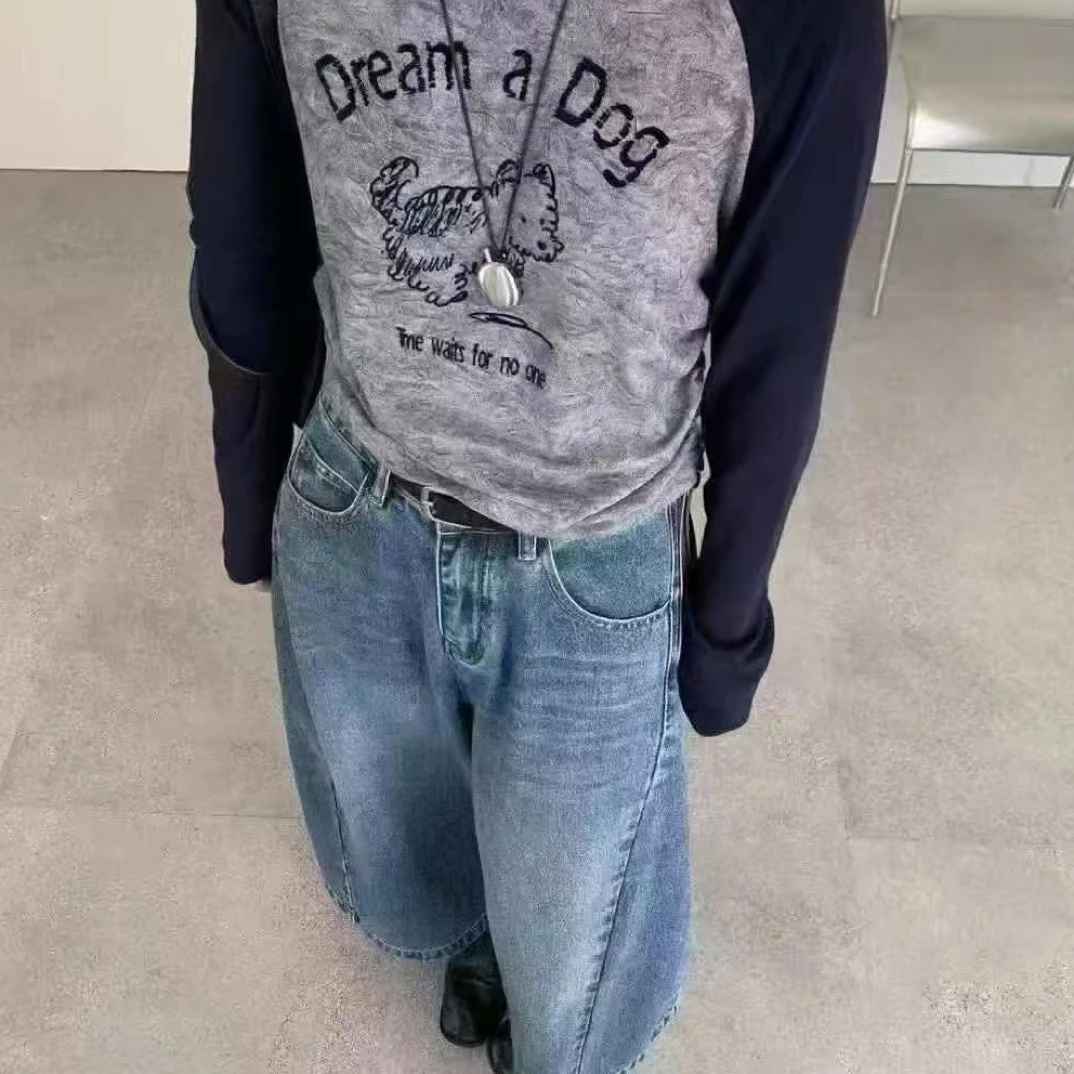 拼接长袖圆领植绒T恤蓝色时尚