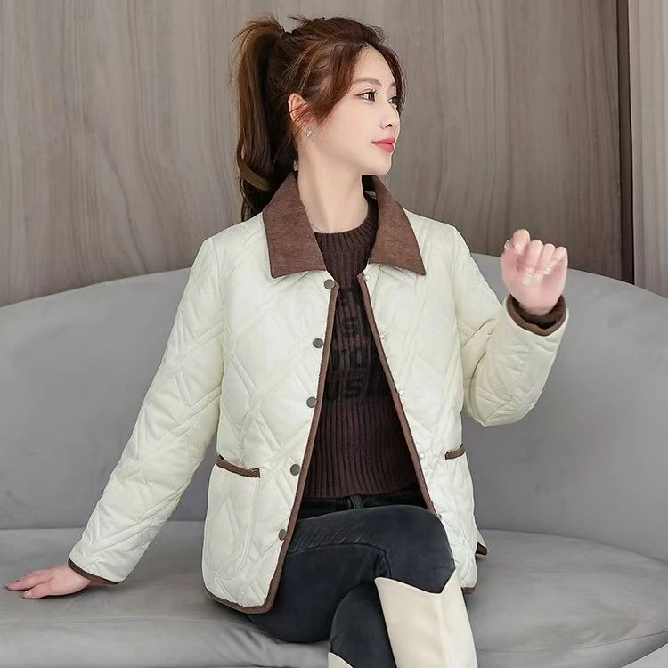 秋冬新款小香风短款棉袄棉服撞色菱格宽松翻领冬季棉衣外套上衣潮