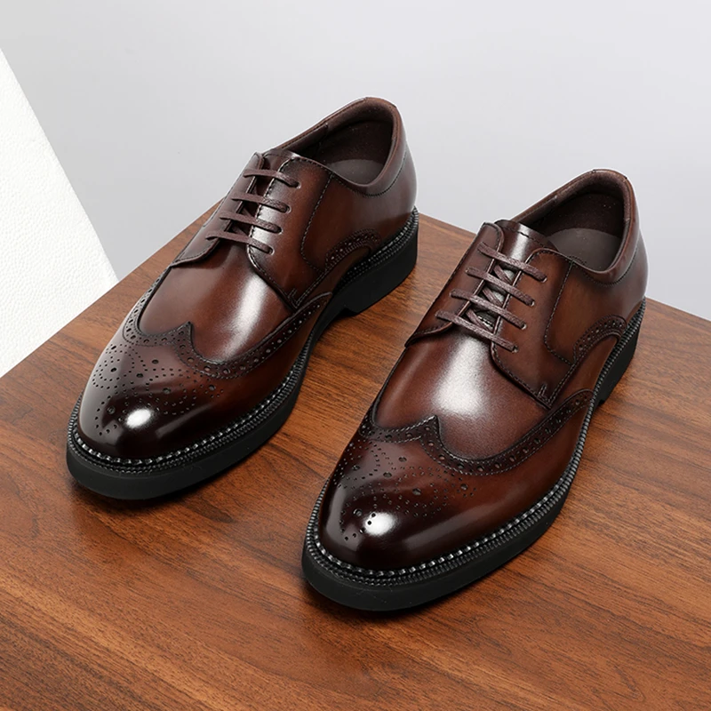 复古英伦风布洛克雕花男鞋头层牛皮厚底增高鞋商务休闲皮鞋男冬季