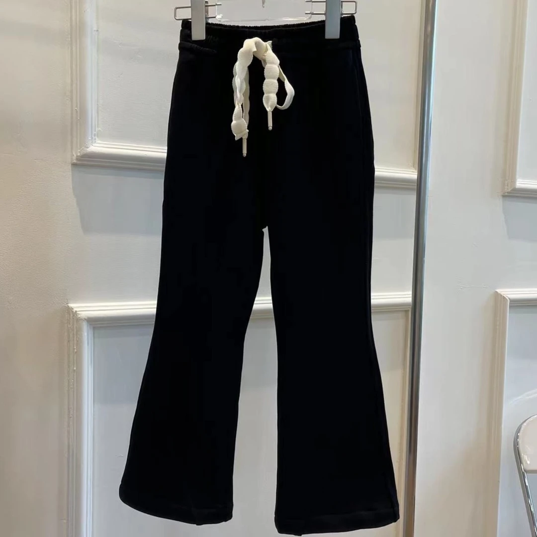 【喜儿定制】秋季新款黑色系运动抽绳阔腿喇叭裤子女秋季拖地裤