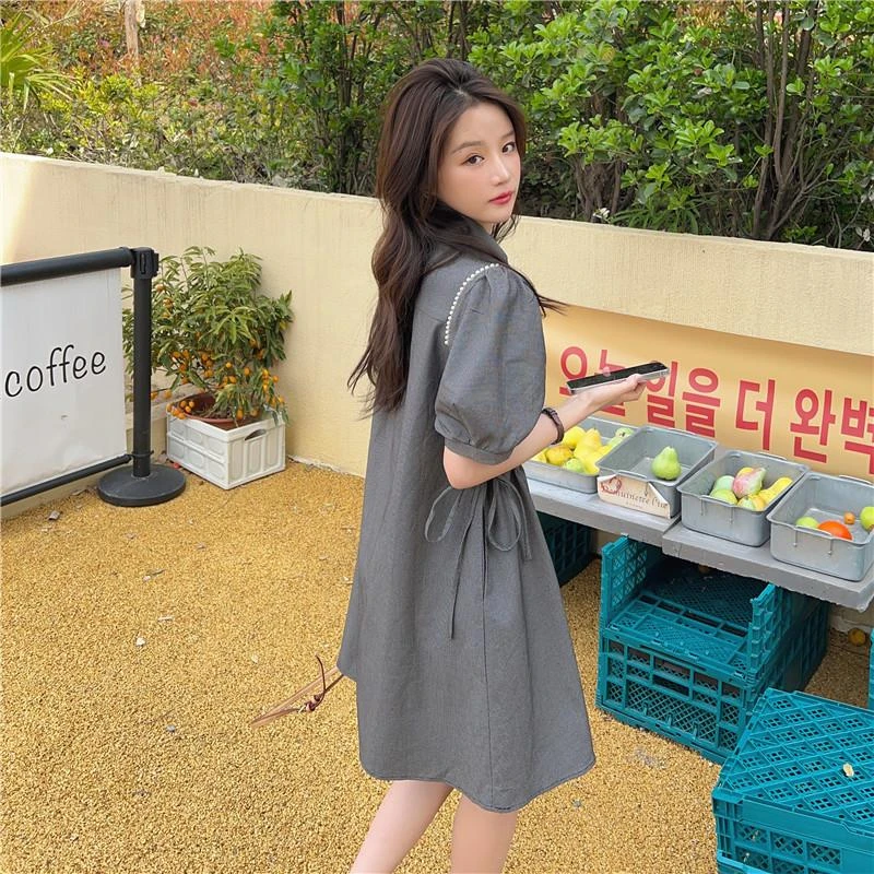 学院风收腰显瘦连衣裙2025夏季新款小个子设计感抽绳简约纯色Polo
