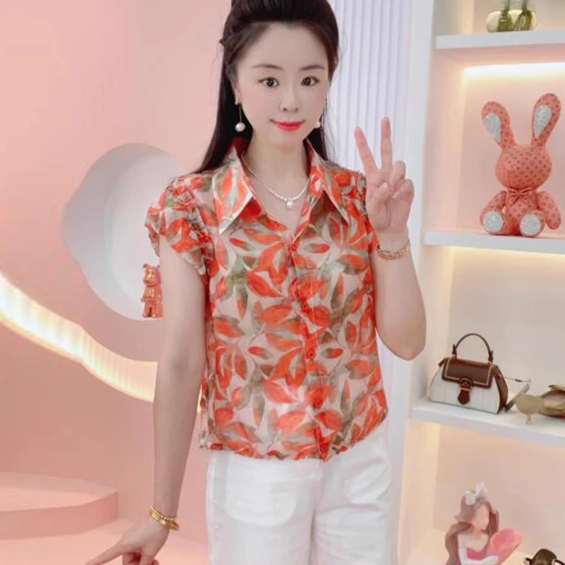 时尚碎花边袖衬衫女士2025夏季新款小个子洋气质百搭减龄短款衬衣