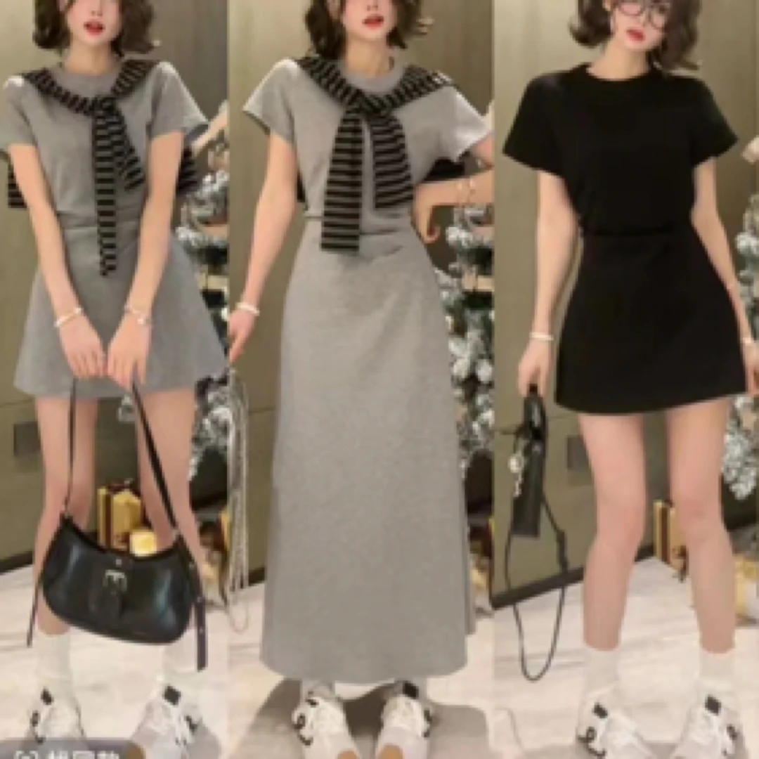 Lulu～慵懒风日式夏季圆领连衣裙女装假两件洋气时尚条纹设计感