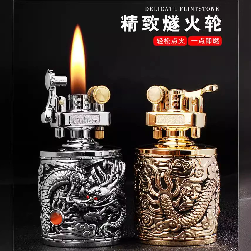 CHIEF/首领烛台式煤油打火机超长待机复古浮雕祥云飞龙创意摆件