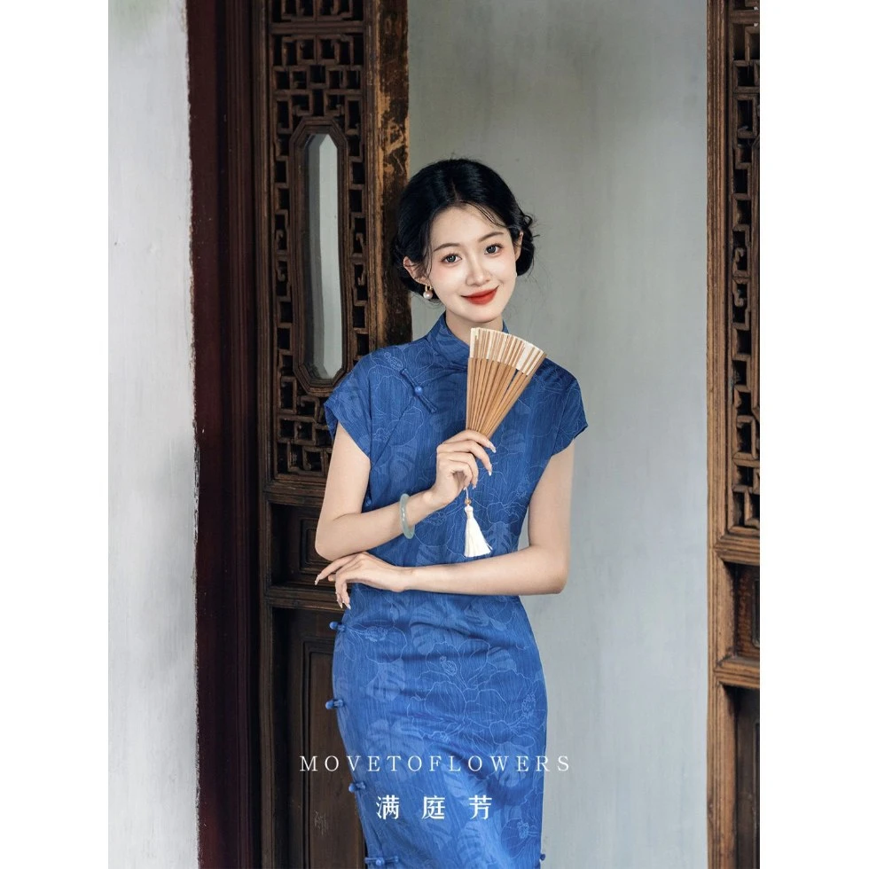 |知愉 新中式改良蓝色旗袍女2025年春季气质新款日常可穿女裙子