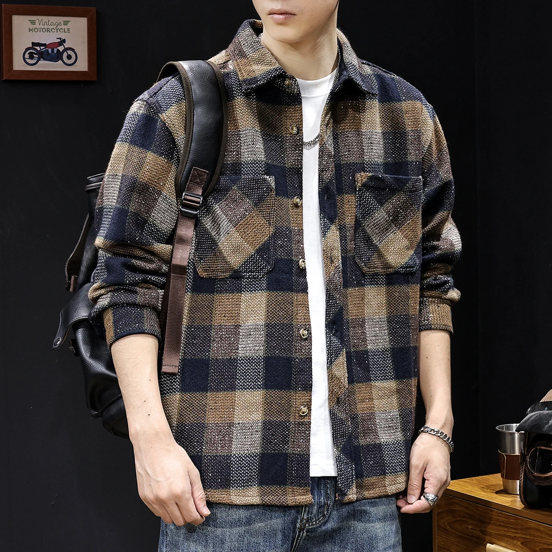 美式重磅580g色织格子长袖衬衫男士潮牌宽松撞色翻领秋季工装衬衣