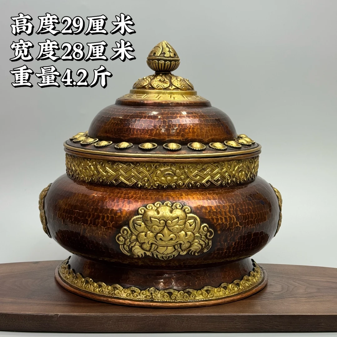 【尼泊尔纯手工黄铜款糌粑盒子摆件】纯铜材质民族风家用摆件