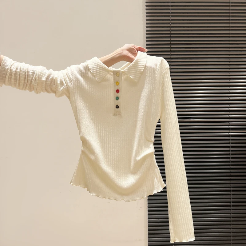 夏珍 纯欲风Polo领木耳边长袖T恤女2025秋季新款褶皱修身绝美上衣