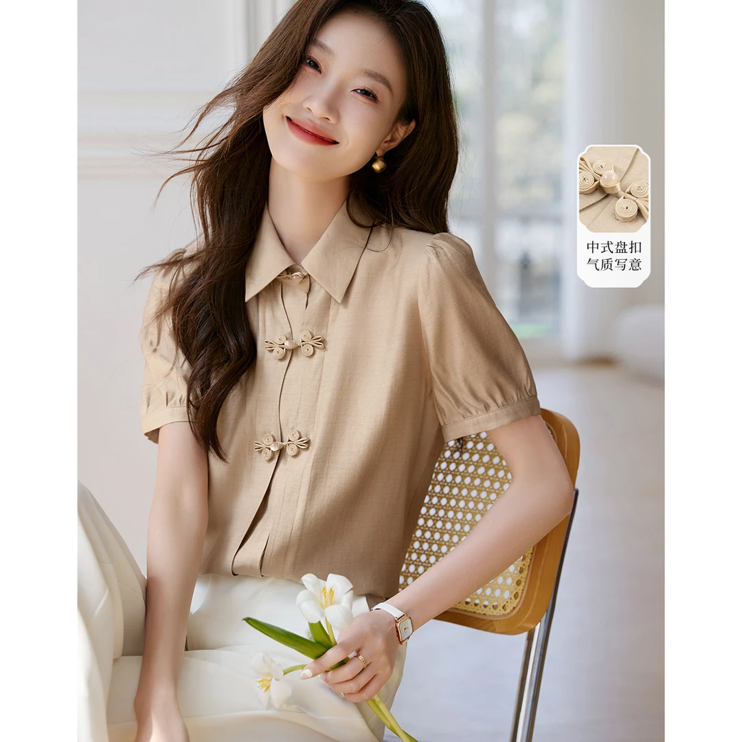 沫晗依美中式盘扣衬衫2025秋夏季设计感气质优雅简约衬衫女士6391