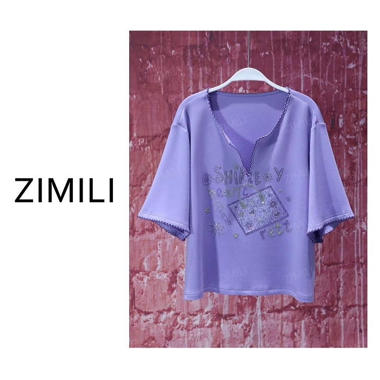 【亮哥女装】2025香芋紫烫钻绣线V领时尚短袖9730