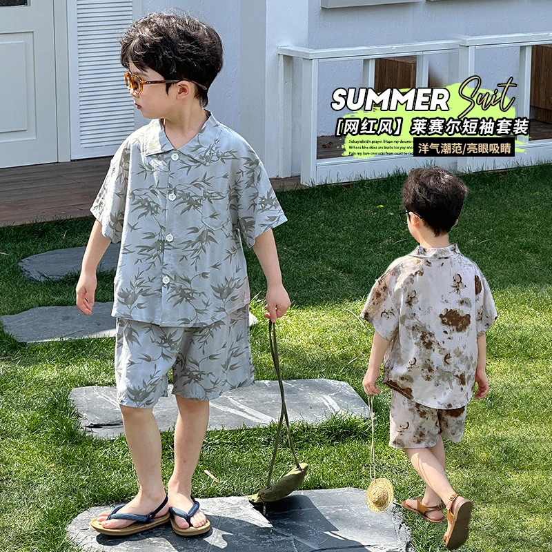 儿童莱赛尔翻领衬衫套装夏季男童国风帅气短袖短裤两件套沙滩风格