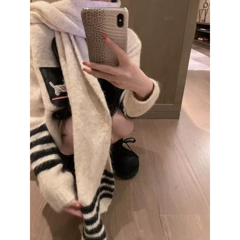 056【小众针织】学院风四条杠小狗围巾毛衣两件套女设计感针织衫