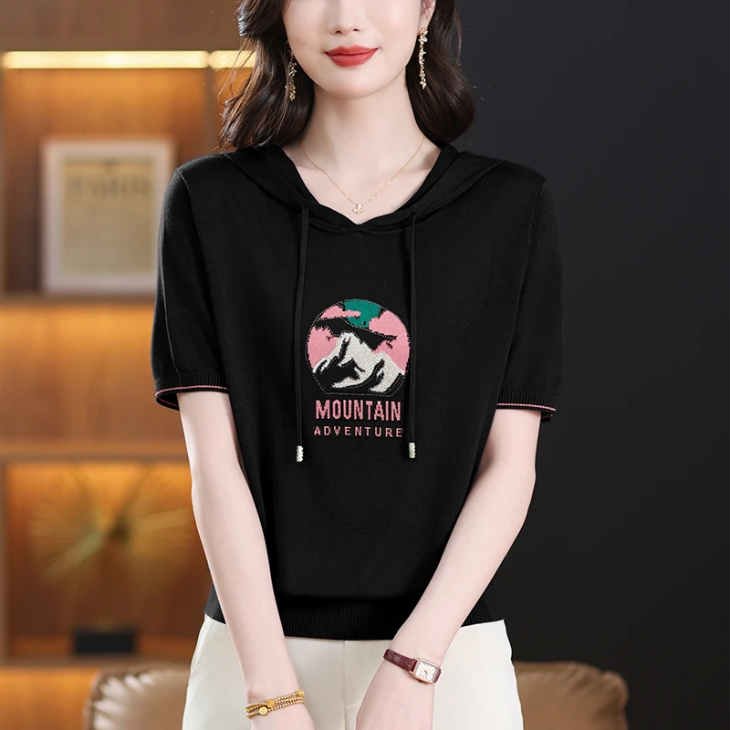 短袖连帽卫衣夏季休闲时尚女装2025新款T恤宽松遮肚子冰丝针织衫