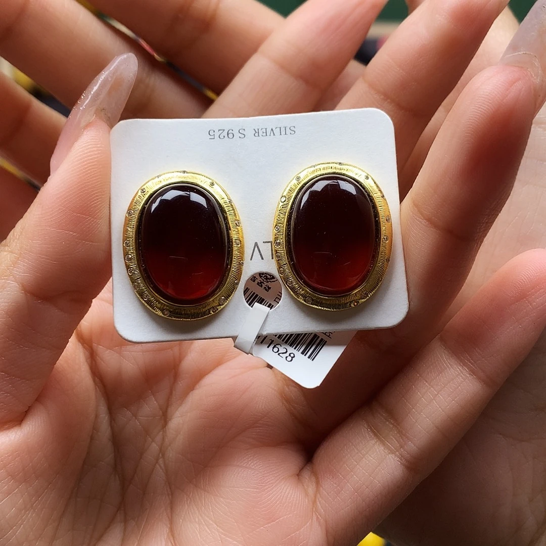 血珀银S925镶嵌耳饰耳钉