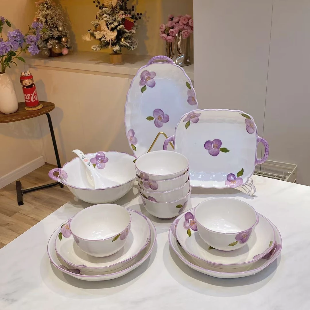 伴花时光14件套高颜值陶瓷碗盘米饭碗陶瓷双耳汤碗餐盘大套装