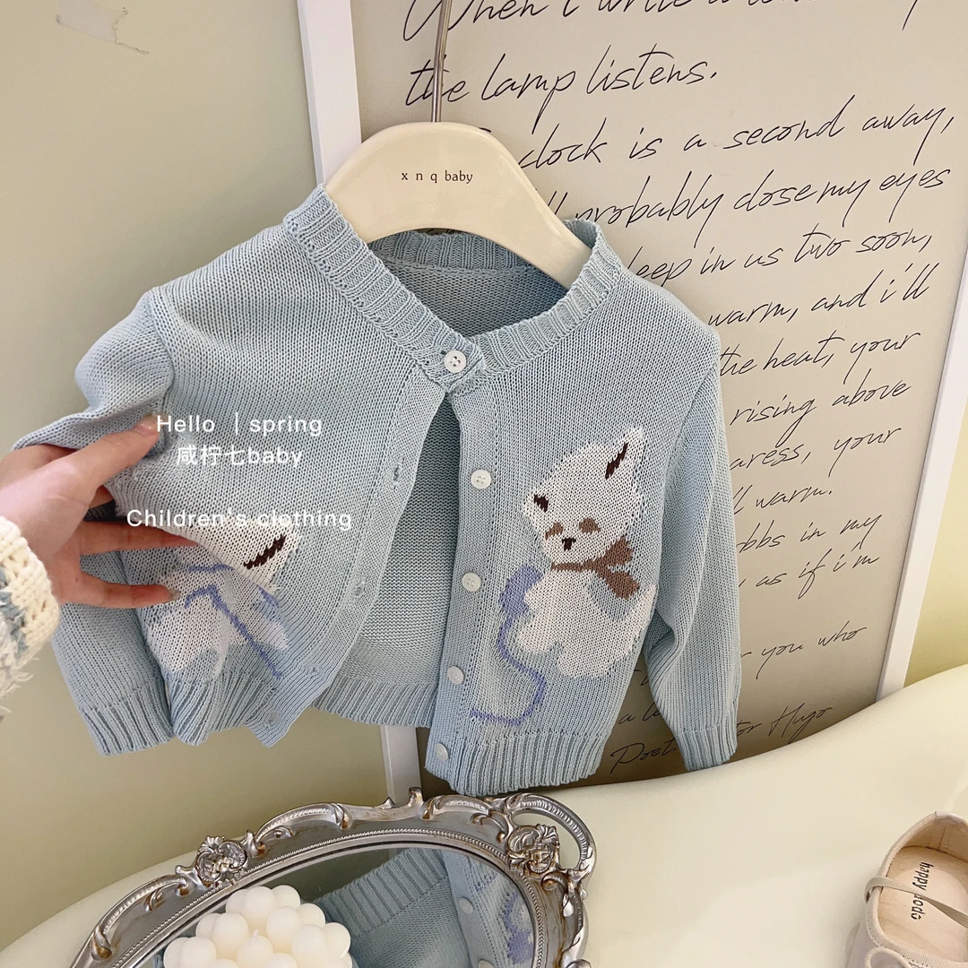 【现2】女童2024春季女孩刺绣吊带裙白连衣裙卡通小熊针织衫毛衣