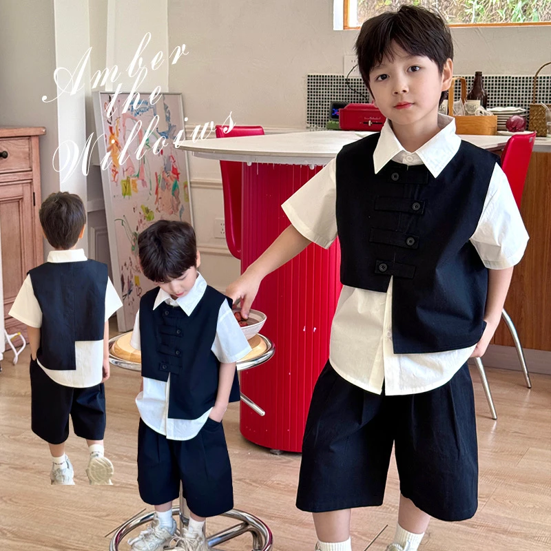 男童夏装套装2025新款中大童夏季男孩演出礼服儿童西装马甲三件套