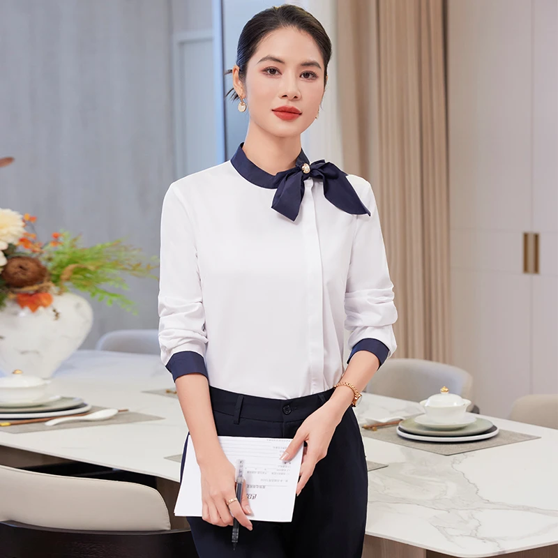 白色职业衬衫女新咖啡厅酒店饭店餐饮服务员工作服前台收银员衬衣