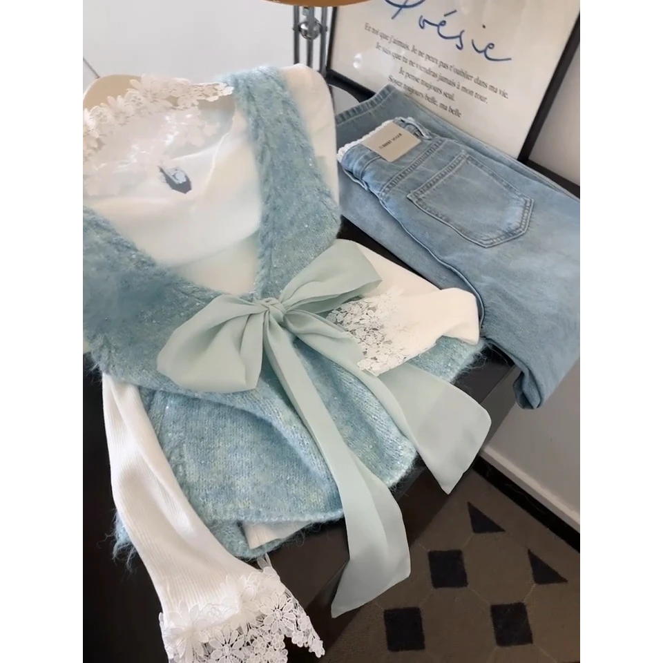 蝴蝶结绑带v领亮片针织吊带背心2025设计感初秋叠穿蕾丝打底上衣