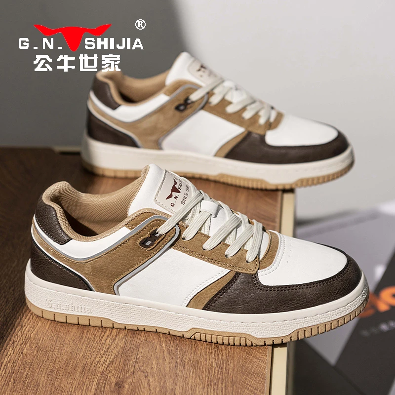 公牛世家男鞋2025春季新款时尚百搭复古厚底板鞋户外耐磨休闲鞋男