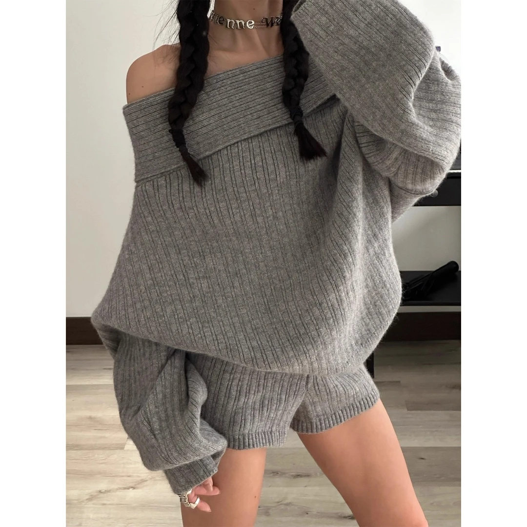灰色套头毛衣冬两件套慵懒风针织上衣套装