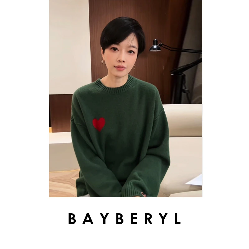 BAYBERYL老贝红心*圆领提花爱心羊绒百搭秋针织衫ZZS5J2004-11/9