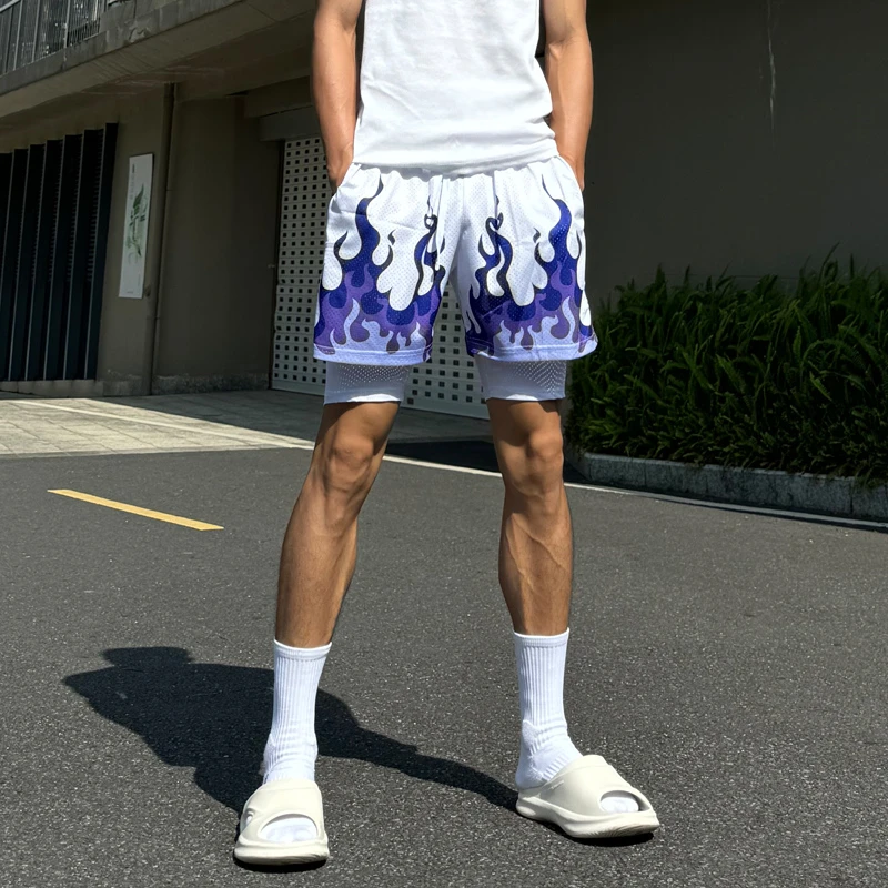 火焰印花美式网眼短裤夏季弹力内衬防走光宽松透气速干健身三分裤