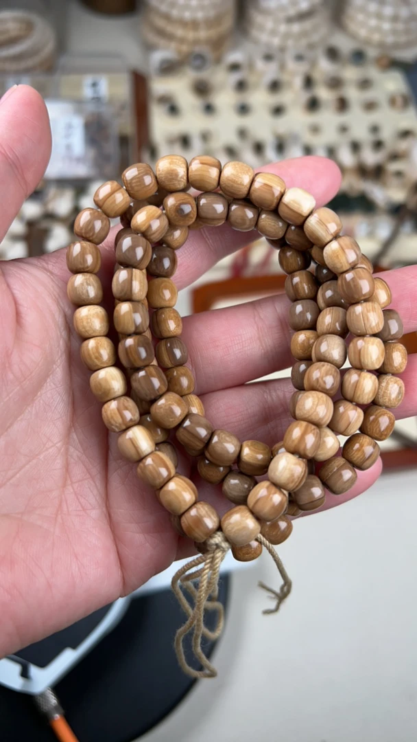 精品天然猛犸象牙咖料108项链挂脖多圈文玩手串