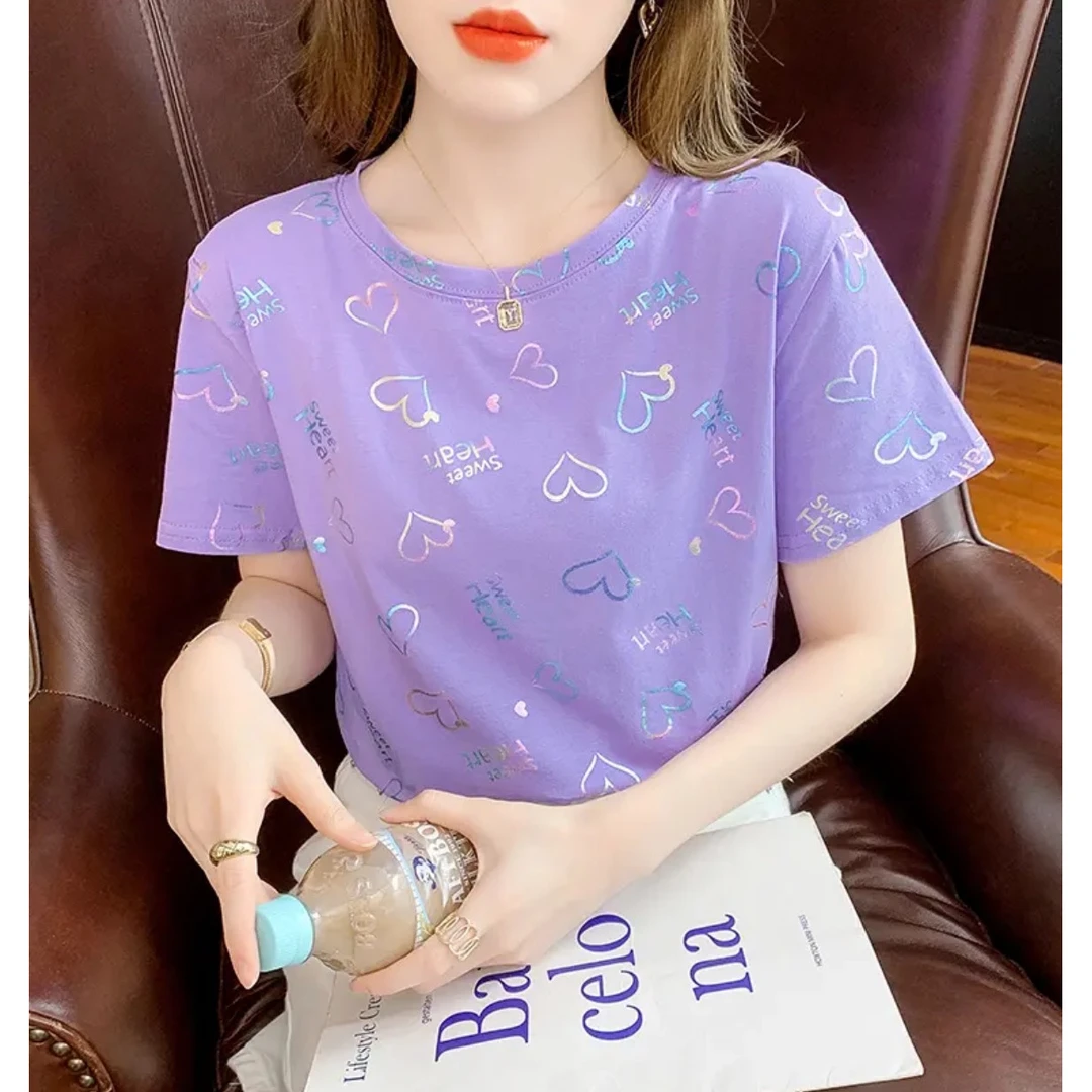 短袖t恤潮韩版ins洋气半袖女士2025夏季新款时尚印花宽松通勤上衣