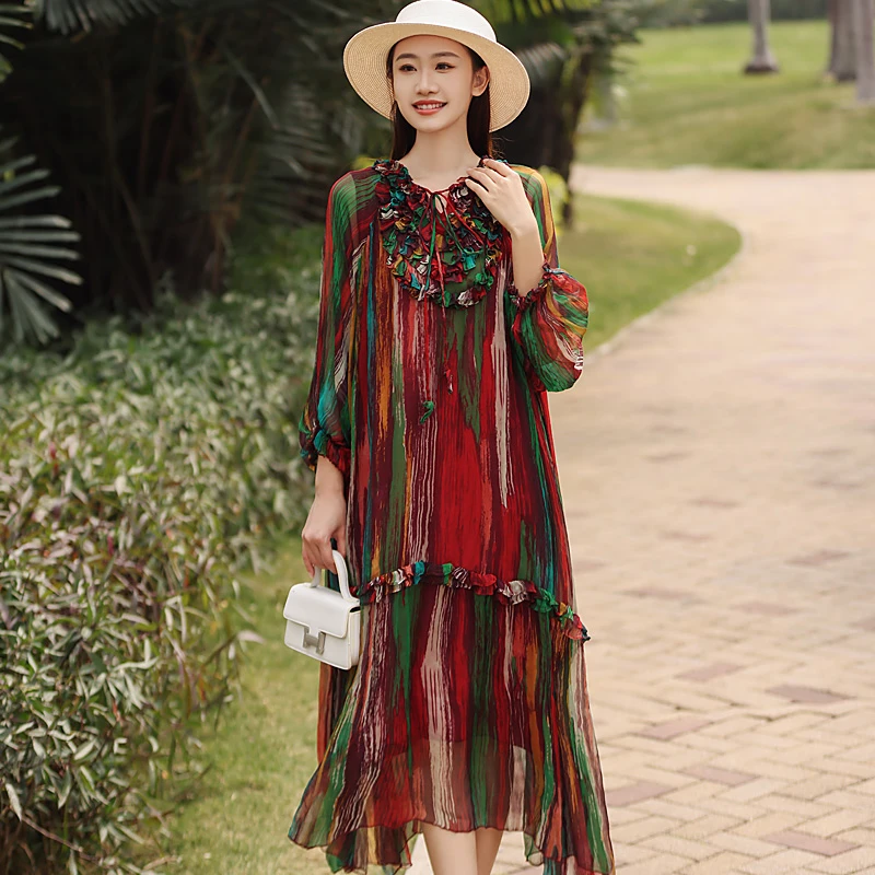 拜占庭的森林桑蚕丝连衣裙轻薄透气质时尚印花宽松显瘦气质中长款