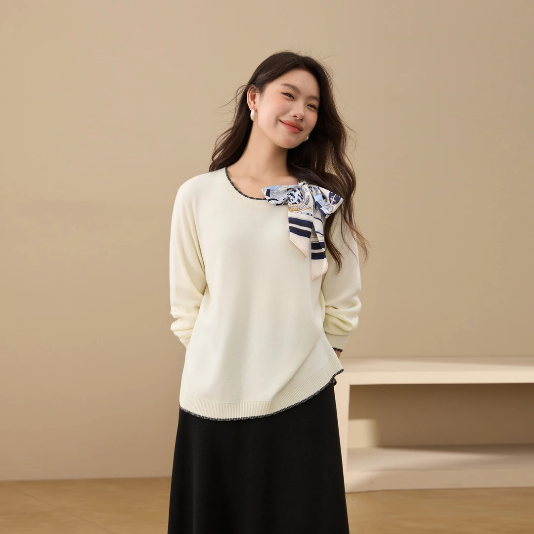 【韩系丝巾百搭针织衫】纤莉秀E大码女装设计感上衣2025秋款QK3619