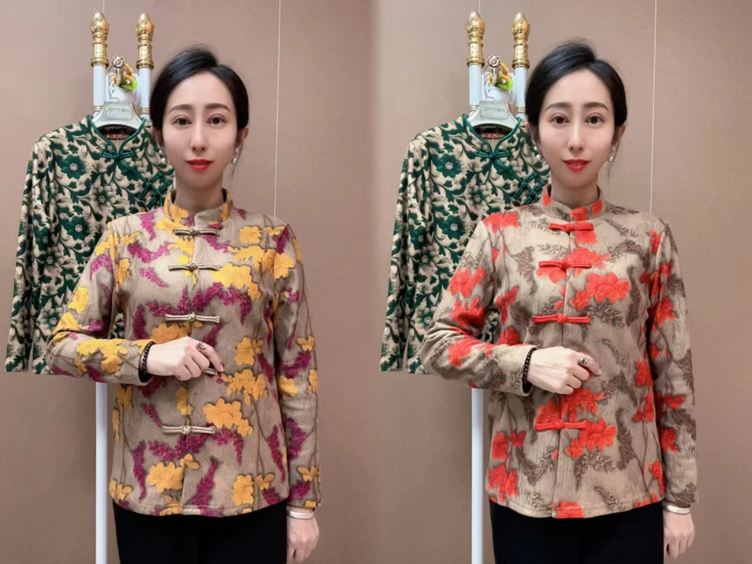 新款妈妈装立领盘扣德绒牡丹加厚上衣衫2025