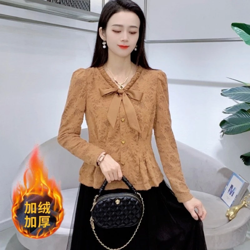 A7570-1新款长袖蝴蝶结蕾丝拼接打底衫洋气百搭减龄打底上衣