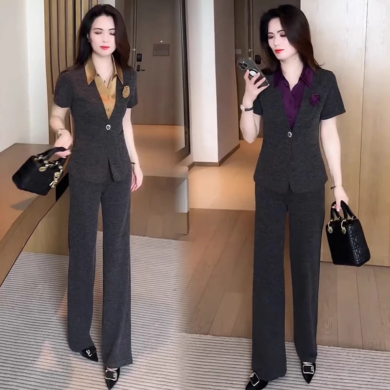 时尚套装女2025夏季新款洋气显瘦休闲假两件上衣直筒阔腿裤两件套