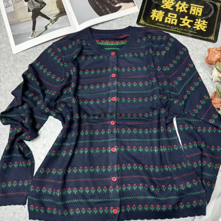 【爱依丽】99995法式薄款棉针织毛针通勤秋季碎花秋冬女