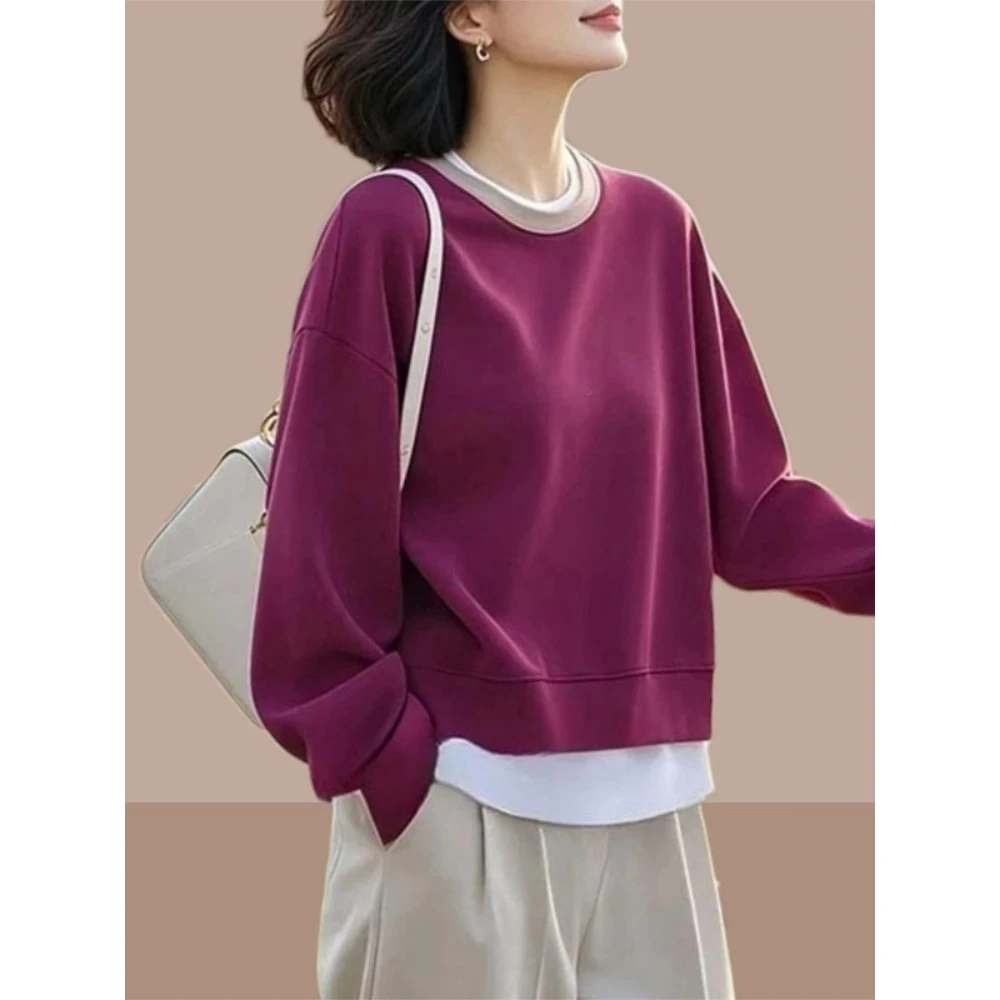 设计感假两件圆领卫衣女士春秋季新款气质宽松减龄显瘦T恤衫上衣