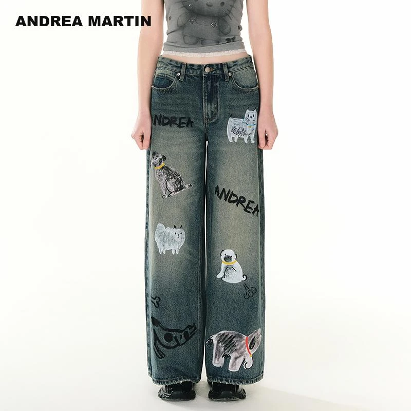 Andrea MartinMartin2025新款蓝灰色小狗印花牛仔长裤