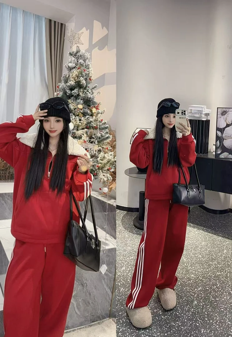 【北欧新年】欧货重工高品翻领拼接设计上衣+裤子套装25888-1