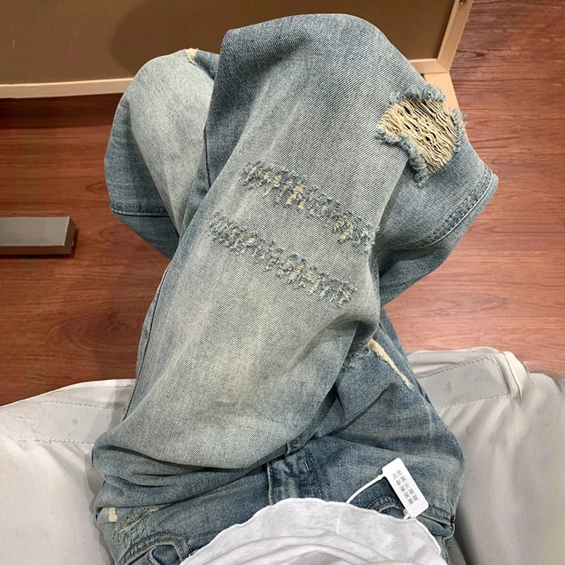 水洗蓝美式破洞牛仔裤女秋胖mm遮肚显瘦梨形身材弯刀直筒阔腿裤子