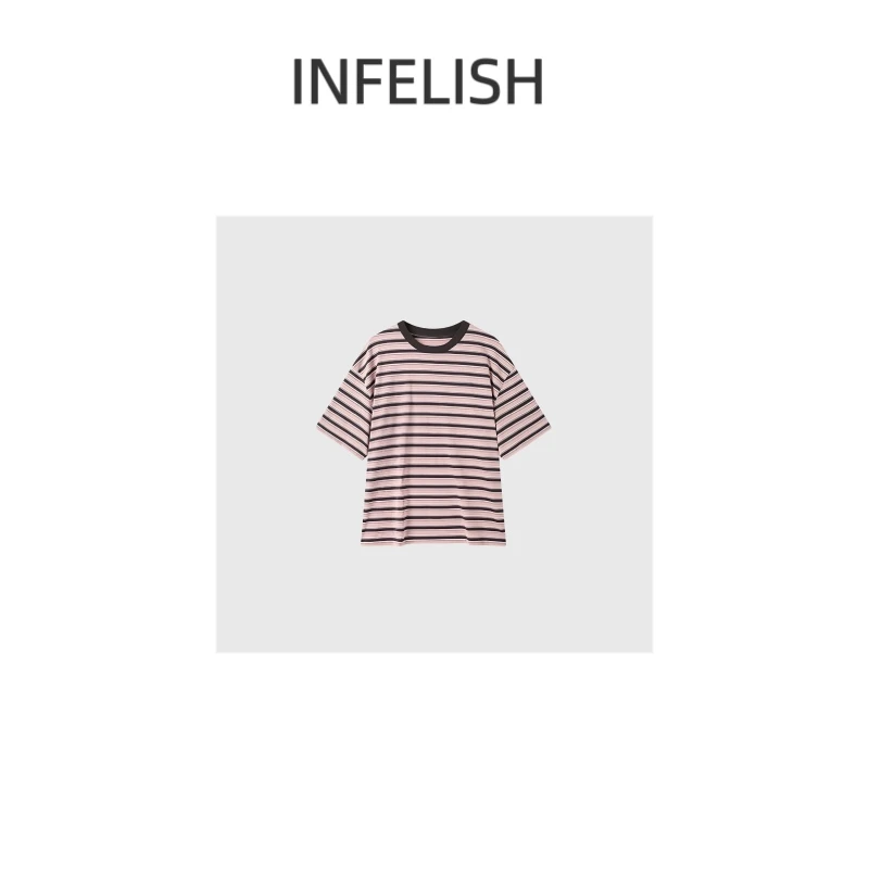 晓夏自制 "P家Tee" 桃夭粉咖条纹宽松進口棉柔软舒服圆领短袖T恤