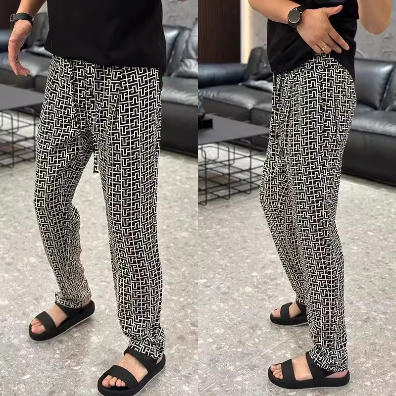 夏季新款高端醋酸提花冰丝休闲裤男时尚抗皱直筒裤潮流宽松阔腿裤