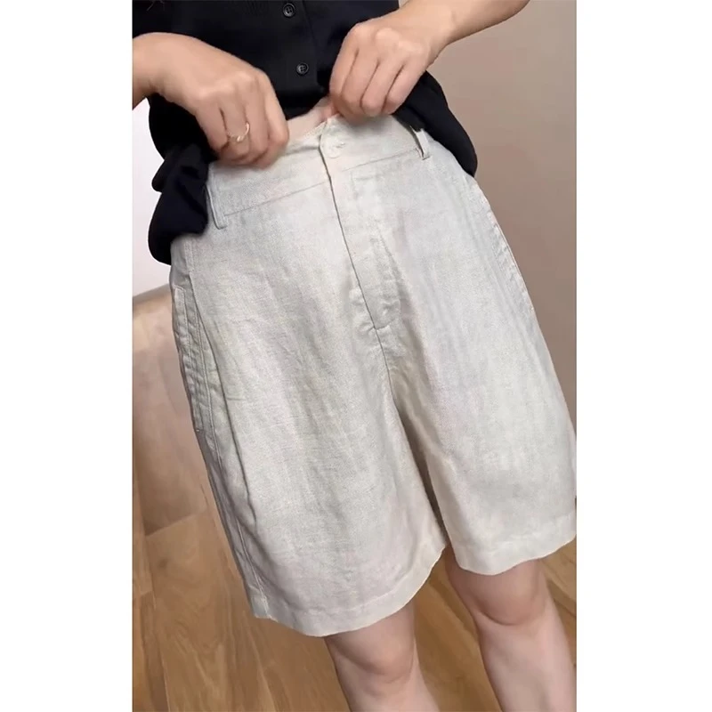 亚麻阔腿短裤女夏季薄款大码胖mm高腰显瘦宽松简约百搭休闲五分裤