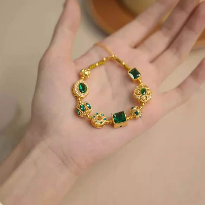 铜合金玻璃手链 轻奢国风镂空绿色镶锆仿珍珠手链女时尚复古百搭